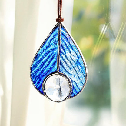 H&D HYALINE & DORA Handcrafted Stained Glass Blue Teardrop Suncatcher Panel Art Glass Sun Catcher Window Home Decor Hanging Pendant
