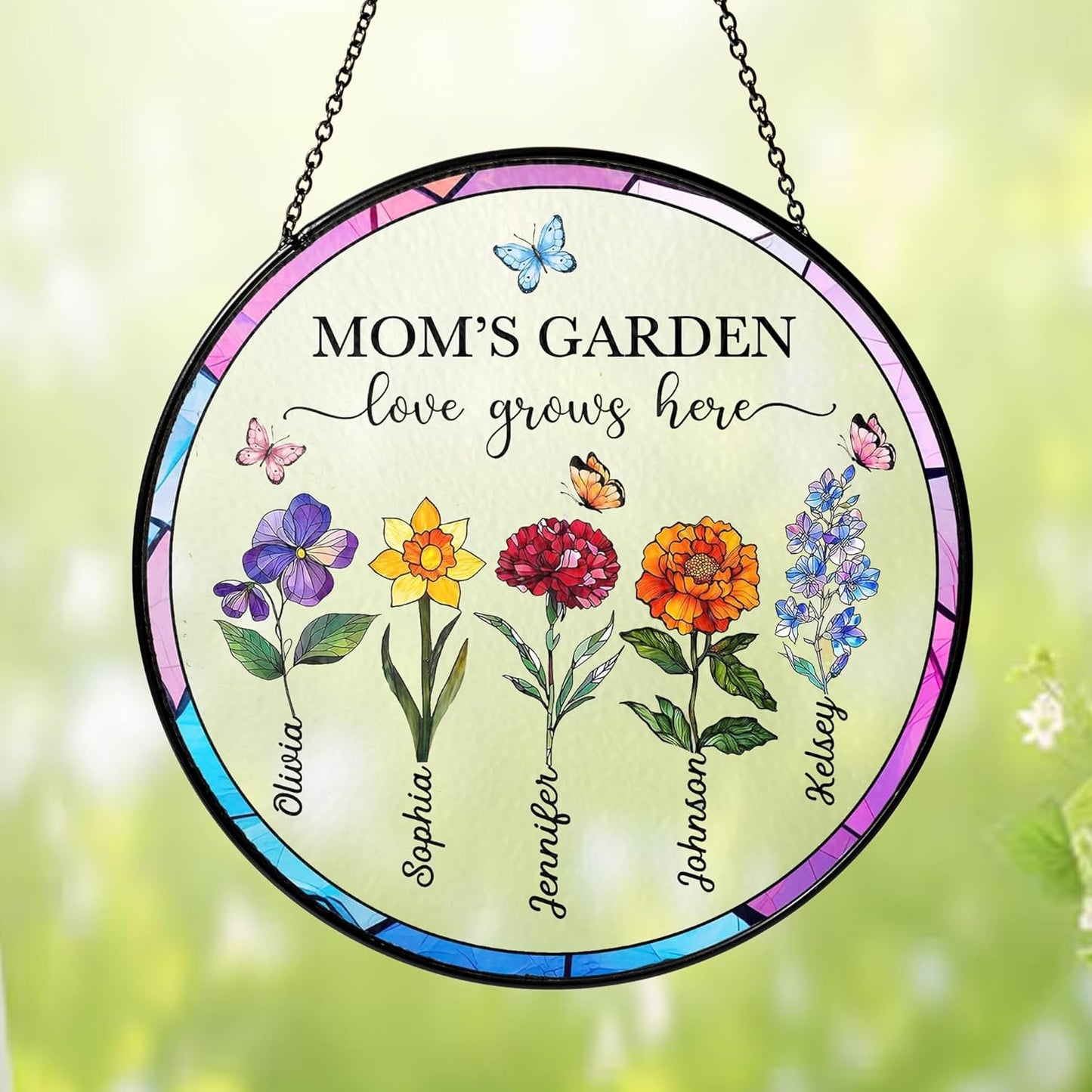 NAZENTI Personalized Grandmas Garden Stained Glass Suncatcher with Birth Month Flowers, Custom Mom's Garden Window Hanging Ornament, Mothers Day Grandma Mom Gifts, Gifts for Nana Mimi
