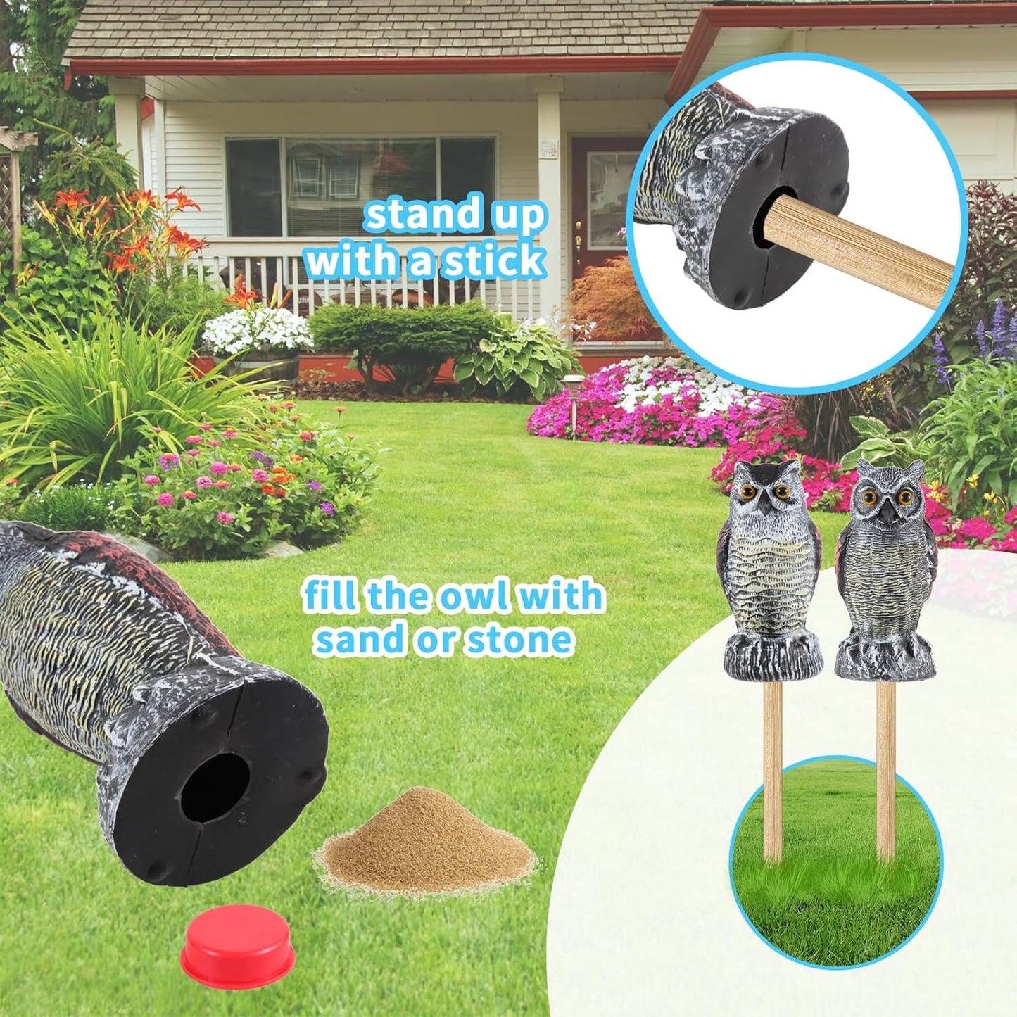 Hedoc 2 Pack Fake Owl Decoys to Scare Birds Away, Great Horned Owl Bird Deterrents, Nature Scarecrow Plastic Pest Repellent, Garden Decor and Yard Decoration for Gardens and Rooftops