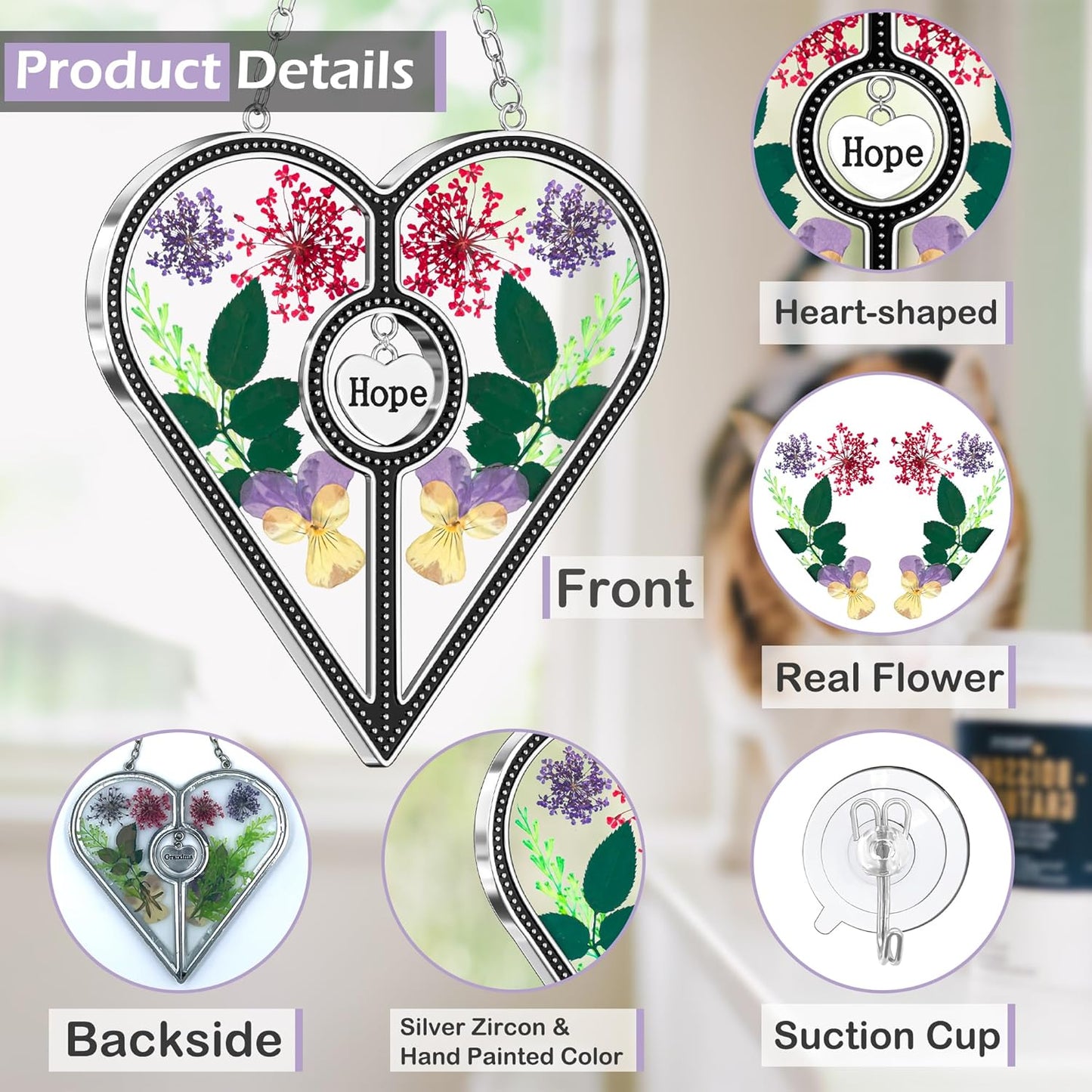 KY&BOSAM Heart Suncatcher Mom Gifts Stained Glass Panels for Windows Hangings Wind Chime with Pressed Flower and Metal Hope Heart Charm Windows Indoor Christmas Trees Wedding Party Home Decoration