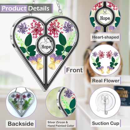 KY&BOSAM Heart Suncatcher Mom Gifts Stained Glass Panels for Windows Hangings Wind Chime with Pressed Flower and Metal Hope Heart Charm Windows Indoor Christmas Trees Wedding Party Home Decoration