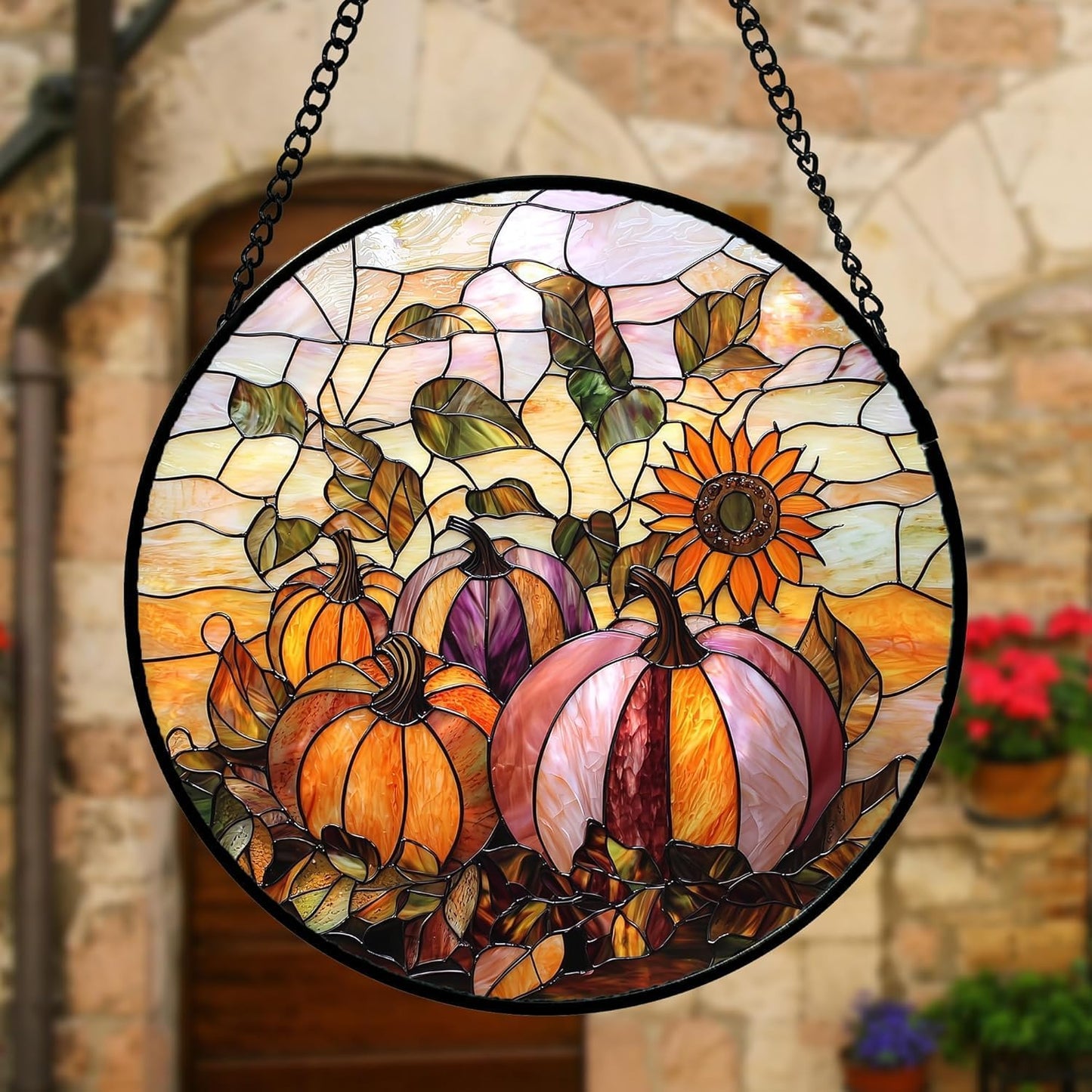 Stained Glass Window Hanging, Pumpkin Sunflower Suncatcher Diamond Glass Panel Sun Catchers Decor for Birthday for Women, Men, Wife, Aunt, and Mom 14.9x14.9 in