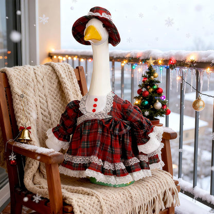 Soulchen 1 Set Christmas Plaid Porch Goose Outfit 23 Inch Xmas Cement Goose Clothes Dress and Hat Costume Set for Holiday Lawn Garden Yard Decor