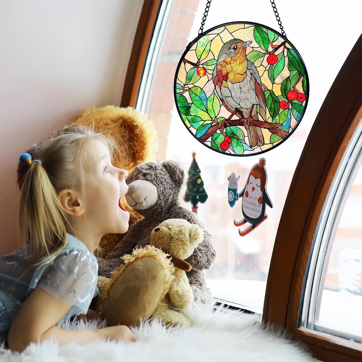 TNUW Bird Stained Glass Window Hanging, Bird Botanical Sun Catchers Indoor Window Glass Round Wall Art Decor, Birds Lover Gifts Wall Hanging Decorations, 7.9＂x7.9＂