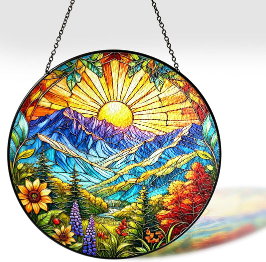 7.8" Sun Mountains Stained Glass, Suncatcher for Window Hanging, Suncatcher Art Decor for Home