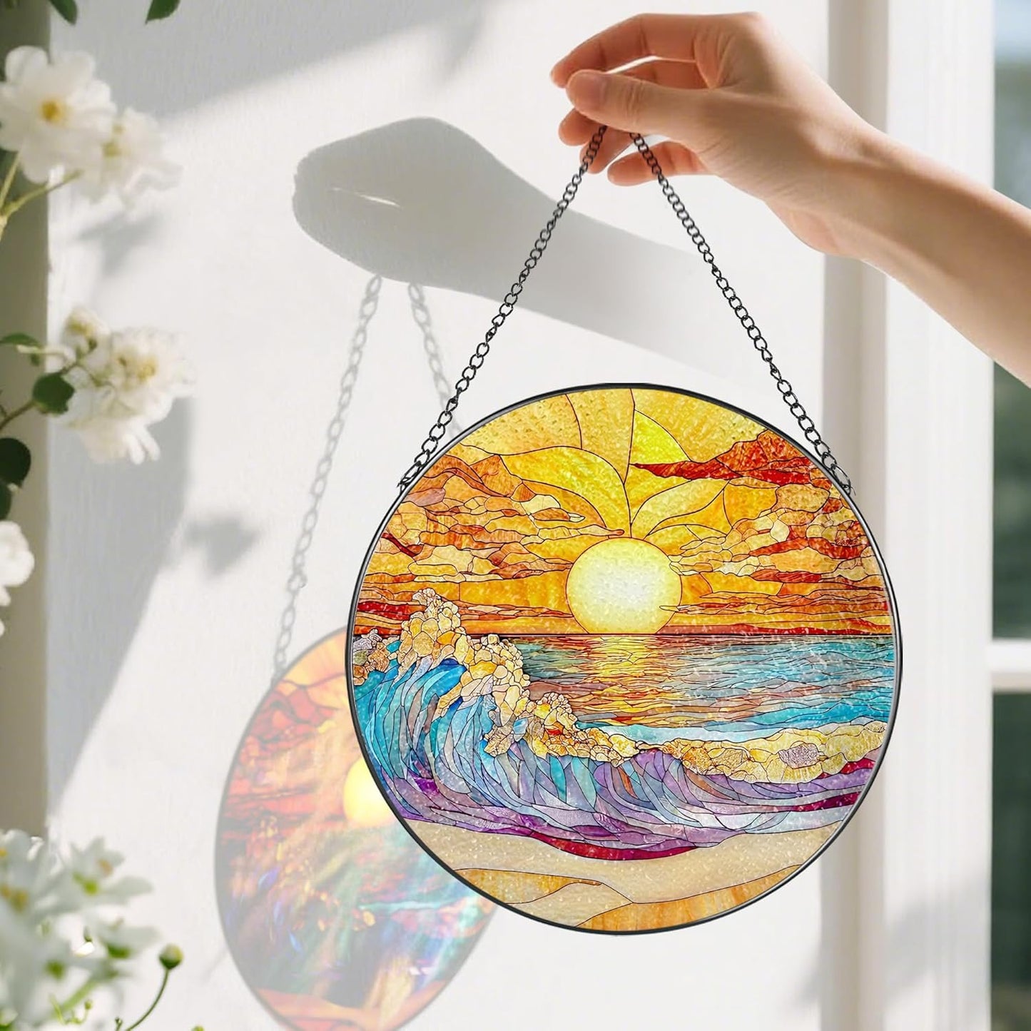 8-Inch Stained Glass Ornament, Stained Glass Window Hanging, Window Hanging Decor Suncatcher, Sunset on The Beach Ornament | Beach Gift, Gifts for Sunset Lovers, Friend, Family & Colleague