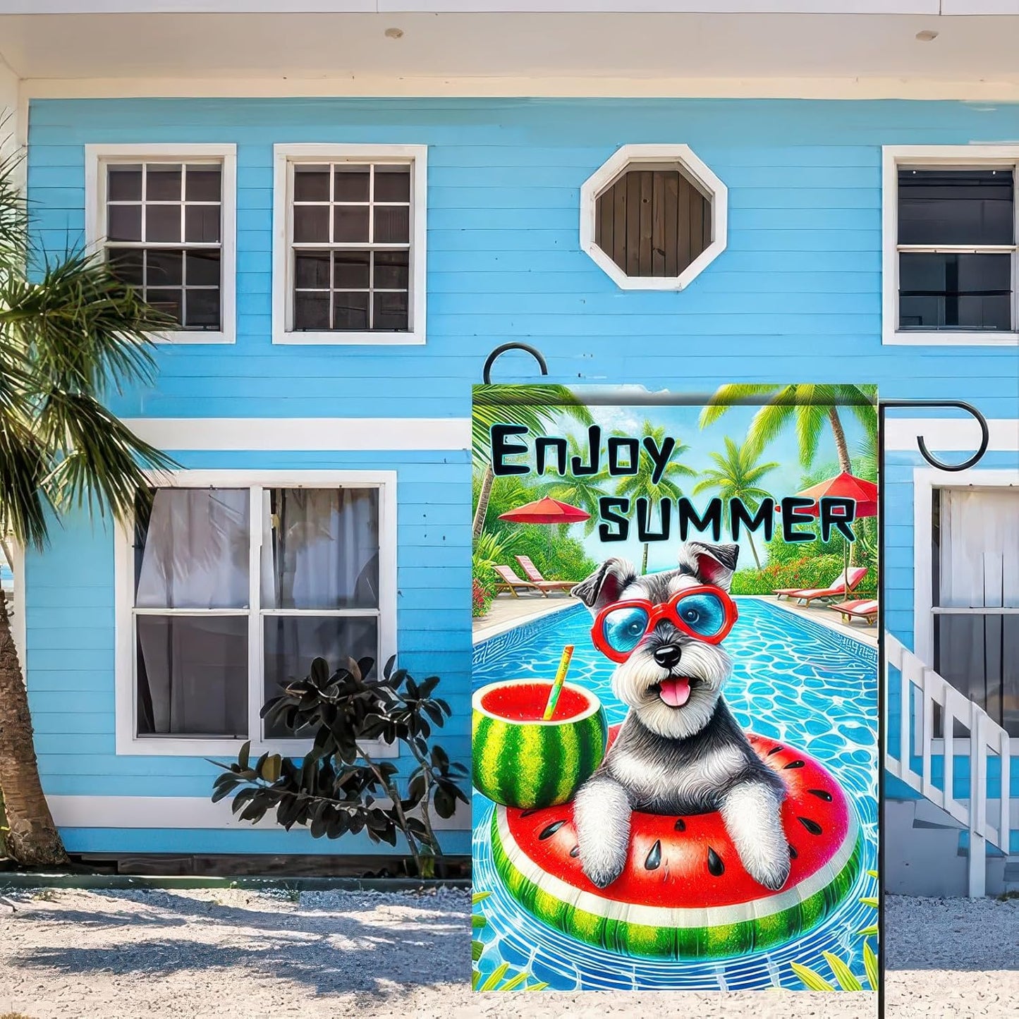 Enjoy Summer Garden Flag Schnauzer Dog 12X18 Inch Print Double Sided Cute Puppy Decorative Yard Flag Banner Poolside Patio Decor Banner Outside Seasonal Holiday Outdoor Decoration