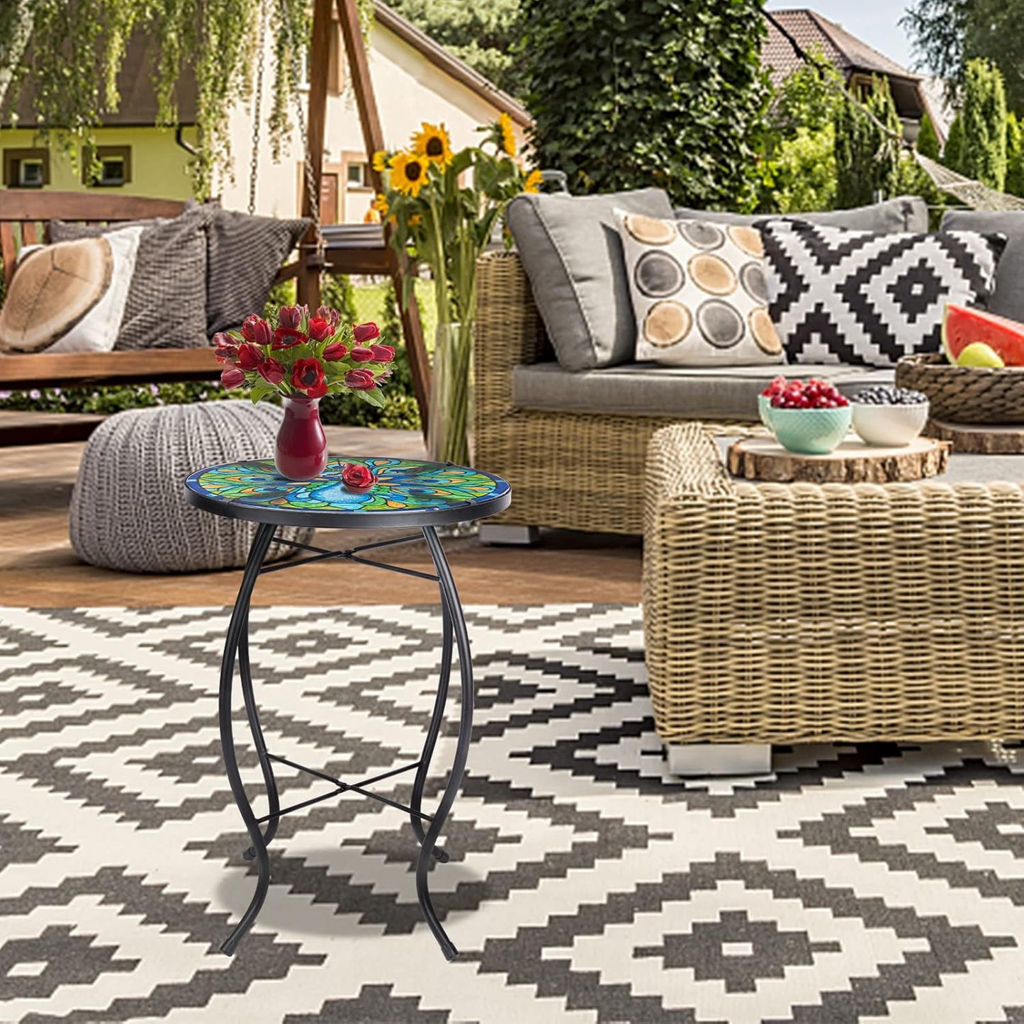 MUMTOP Outdoor Side Table - Small Mosaic Patio Tables, 14” Round Accent End Coffee Glass Plant Stand for Garden Living Room(Peacock)