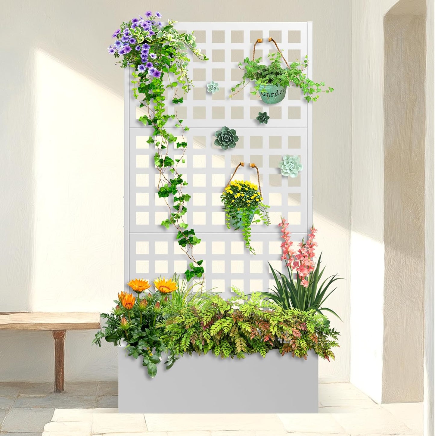 Metal Planter Box with Trellis & Wheels, Raised Garden Bed with Privacy Screen, Outdoor Standing Flower Beds with Drainage Hole for Climbing Plants, Vine, 35" Lx16 Wx71 H