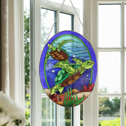Hanging Ornament, Sea Turtle Stained Glass Window Hangings Suncatcher, 10 inches, Multicolored Ocean Themed Decor for Home, Garden, Indoor Outdoor Use