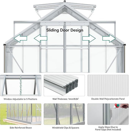 YITAHOME 10x12FT Polycarbonate Greenhouse for Outdoors, Large Heavy Duty Aluminum Greenhouses with Sliding Doors and Vent Window, Walk-in Greenhouse for Garden Backyard, Simple Setup, Silver