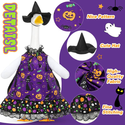 Halloween Porch Goose Outfit Set for 23'' Plastic Lawn Goose Statue Clothes Witch Skirt Halloween Costume for Outdoor Patio Yard Lawn Art Decor