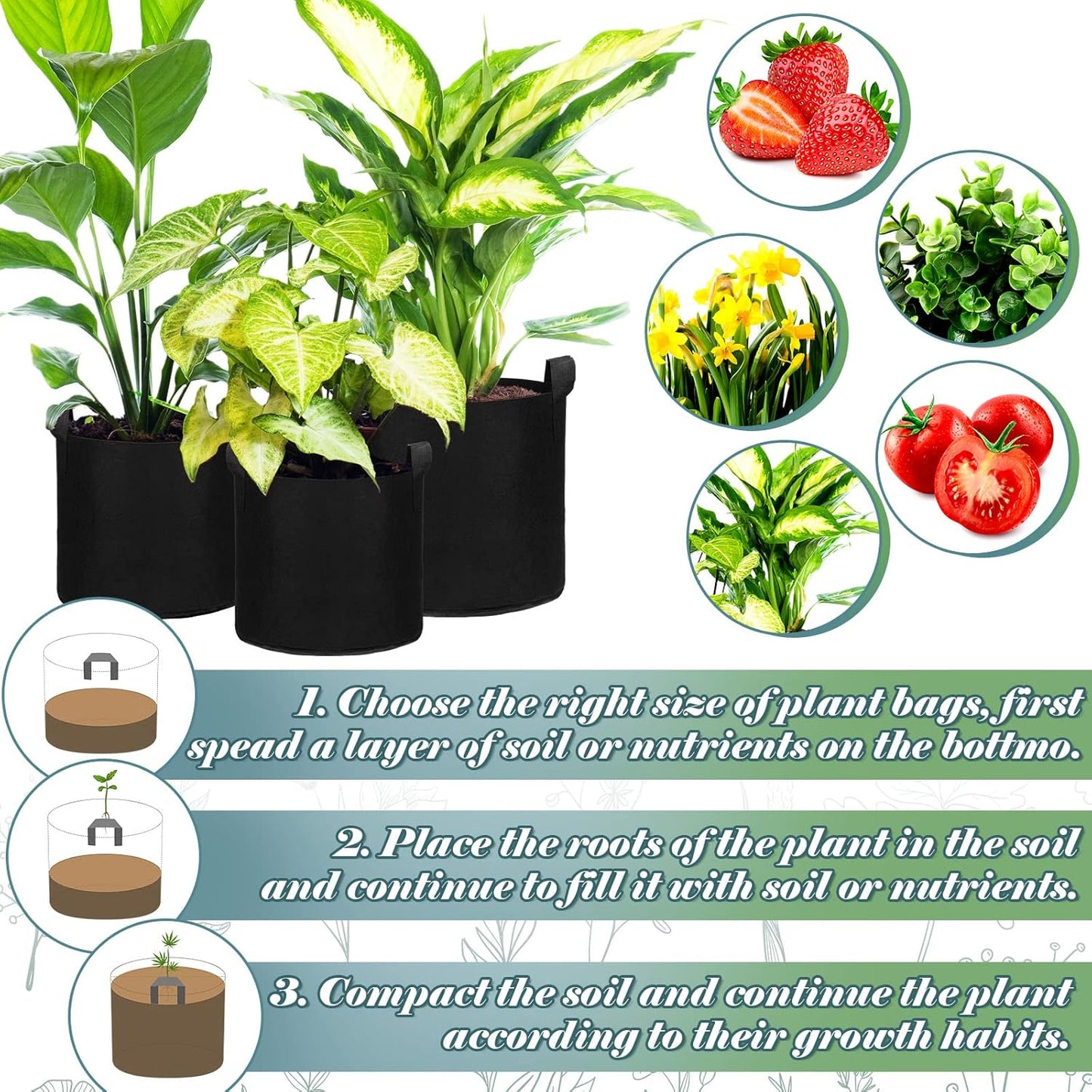 Hoolerry 7 Pack Black Plant Grow Bags Thickened Non Woven Grow Bags in 4 Sizes 10, 7, 5 and 3 Gallons Aeration Fabric Pots with Handles