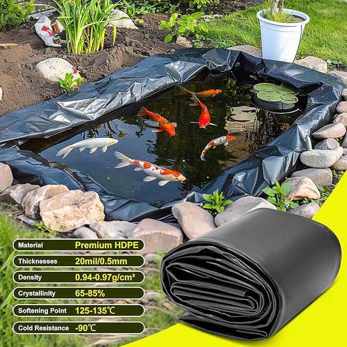 7 x 10 FT Pond Liner, HDPE Pond Liners for Outdoor Ponds 20 Mil Easy Cutting Puncture Resistant Impermeable Pond Liners Skins for Koi Fish, Water Garden Waterfall Fountain Aquaculture Pond