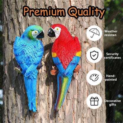 Teaeeno 2Pcs Resin Wall Bird Statue Decor,Real Parrot Sculpture Home Decor,Outdoor Indoor Figurine Ornaments-Garden Tree Sculpture,Resin Animal Statue for Garden, Terrace, Lawn, Yard