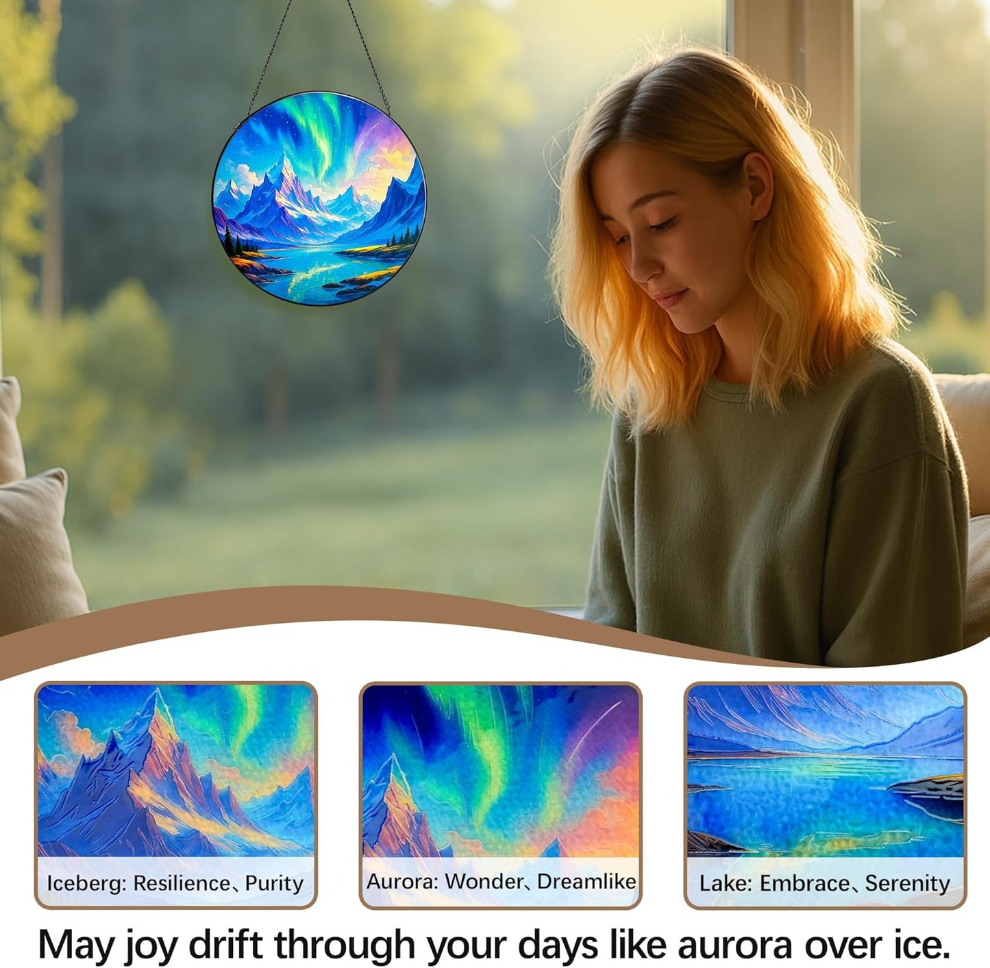 Stained Glass Window Hanging,Winter Aurora Sun Catchers Stained Glass Panels for Indoor Windows Wall Art Decor, Birthday Gift for Mom Women Wife Men Lovers (7.87inch)