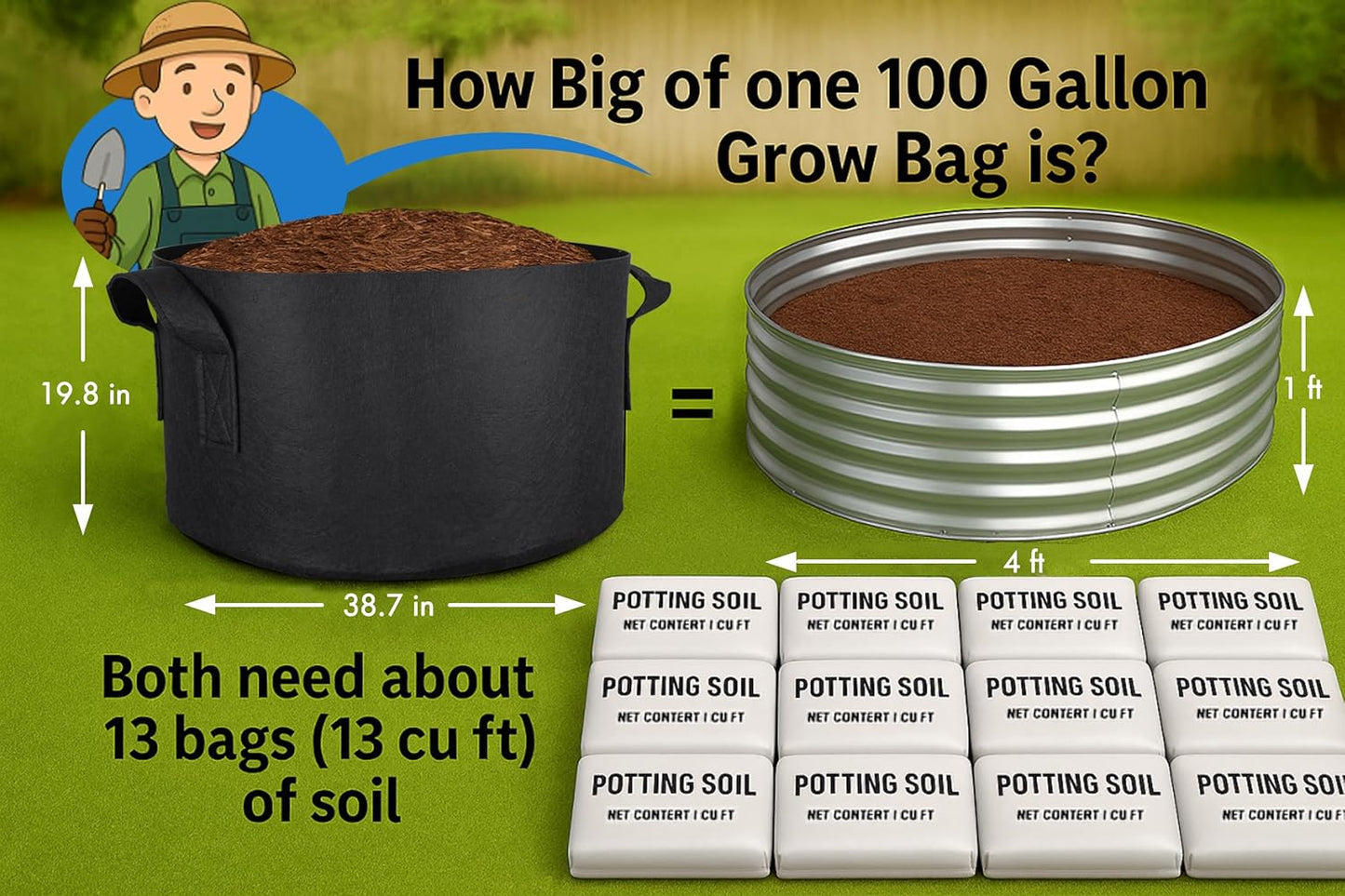Gardzen 2-Pack 100 Gallon Grow Bags, Aeration Fabric Pots with Handles, Pot for Plants
