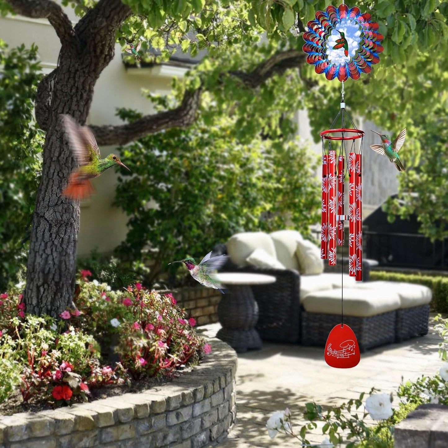 33" Memorial Sympathy Wind Chimes | Deep Tone Hummingbird Windchime with Animated Spinner, Waterproof Outdoor Garden Decor- Gift for Men/Women/Mom/Dad/Housewarming/Christmas