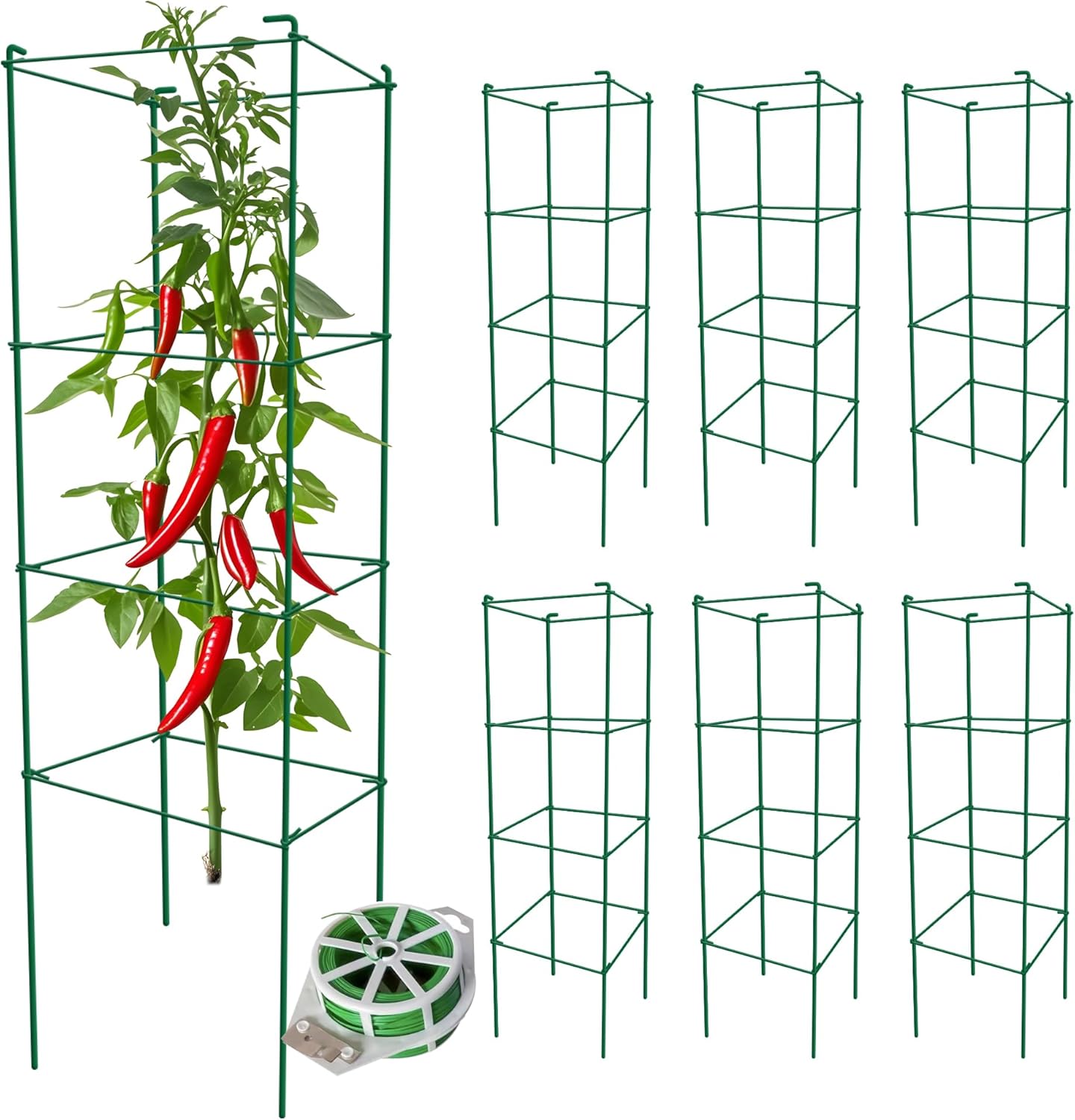 Tomato Cages 6 Packs 46 Inches (H) Plant Stand with 164 Feet Twist Ties, Heavy Duty Garden Plants Support for Tomatoes, Cucumber, and Other Climbing Plants (Green)