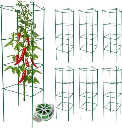 Tomato Cages 6 Packs 46 Inches (H) Plant Stand with 164 Feet Twist Ties, Heavy Duty Garden Plants Support for Tomatoes, Cucumber, and Other Climbing Plants (Green)