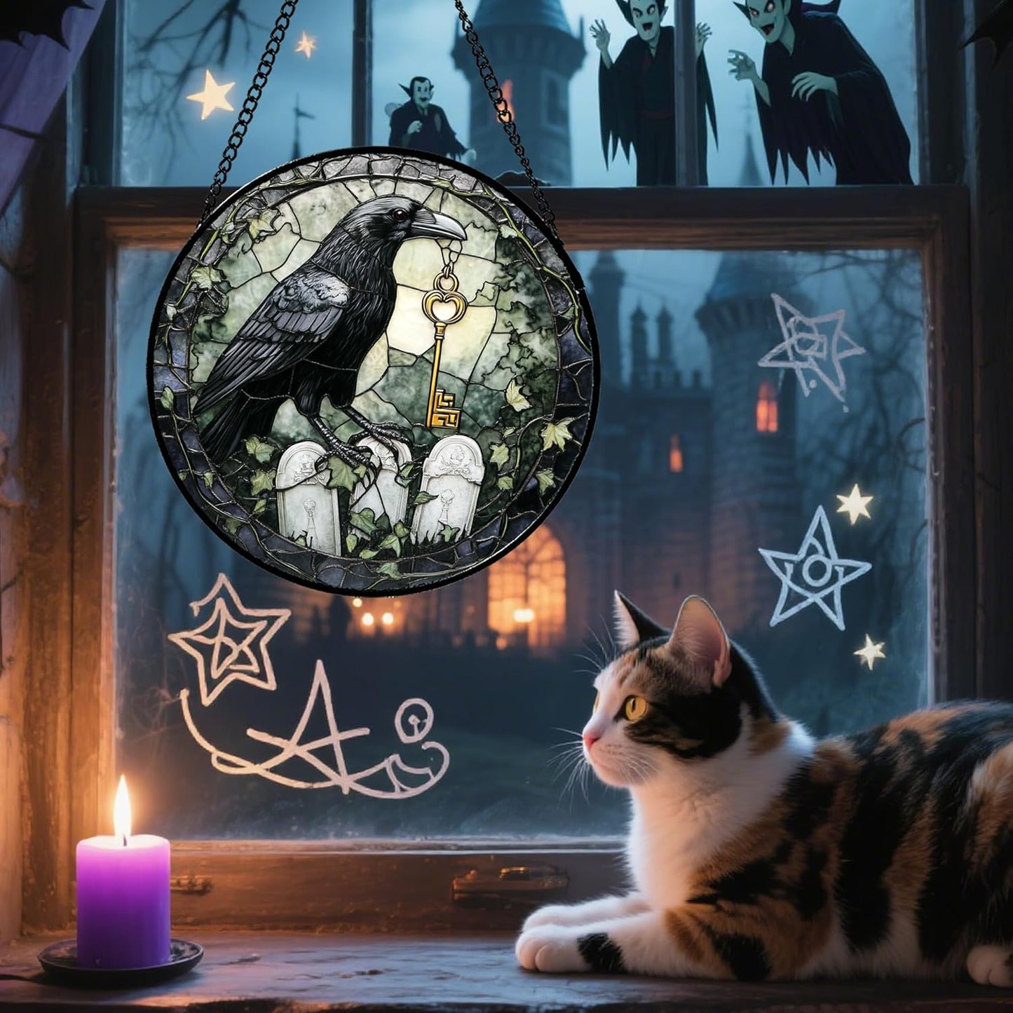 Stained Glass Window Hanging - Halloween Crow White Tombstone Suncatcher for Doors Garden Home Spooky Black Green Sun Catchers Gothic Decor Horror Gift for Women Men Friend Boy Girl 6.3 in