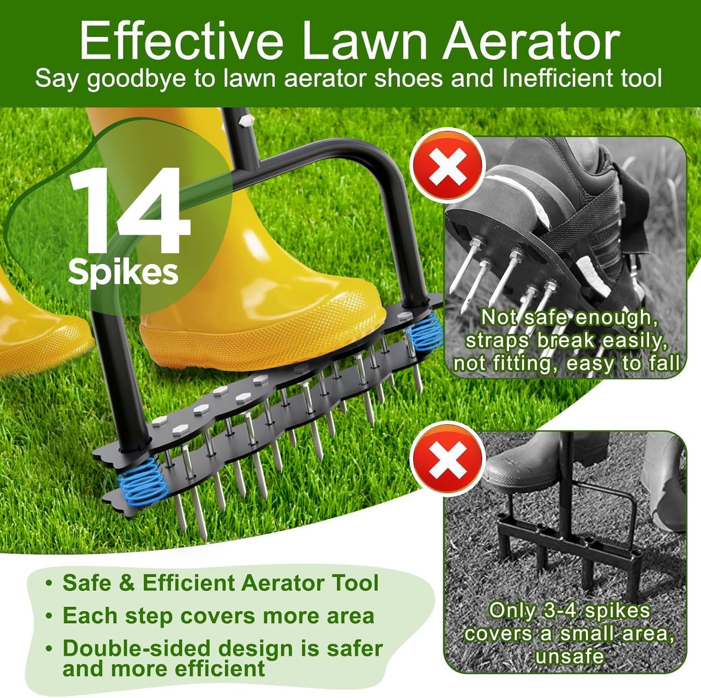 Lawn Aerator -Aerator Lawn Tool with 14 Iron Spikes, Automatic Dirt and Leaf Clean with Spring-Loaded Design, Height Adjustable Metal Manual Aerator, Soil Loosening, Yard Aerating, Garden Tool