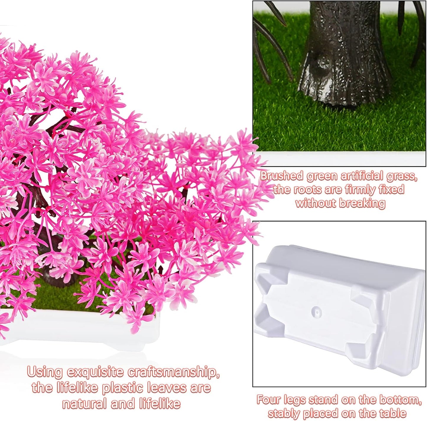 Mini Artificial Bonsai Tree Plants with Plastic Cement Pots for Home Office Décor (Rose Red)