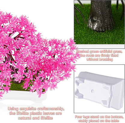 Mini Artificial Bonsai Tree Plants with Plastic Cement Pots for Home Office Décor (Rose Red)