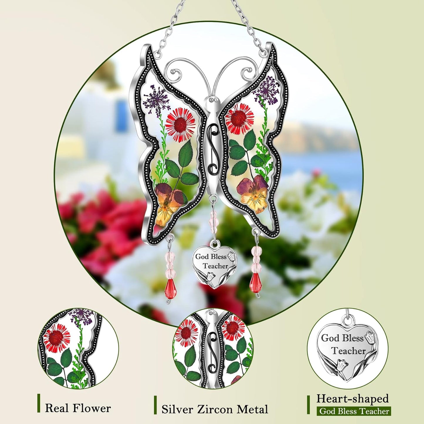 KY&BOSAM Butterfly Suncatcher God Bless Teacher Stained Glass Sun Catcher for Windows Hangings Wind Chimes with Metal Heart Charm Birthday Gifts for Teacher`s Day Christmas Color Box Package