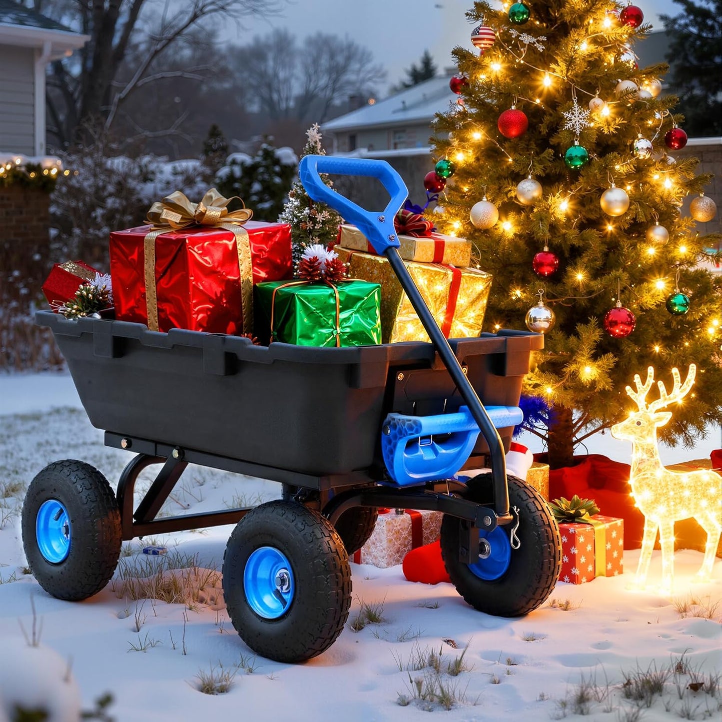 800lb Garden Dump Cart, Heavy Duty Wheelbarrow Dump Wagon with 4 Wheels&Quick-Release Dumping, Utility Wagon Carts for Yard, Farm and Garden(Blue)