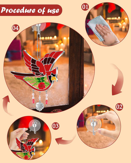 KY&BOSAM Cardinal Suncatcher Had-Painted Staine Glass for Windows Hangings Wind Chimes Pressed Real Flower Wings Glass with Metal Heart Charm Birthday Gifts for Women Mother's Day(A Special Aunt)