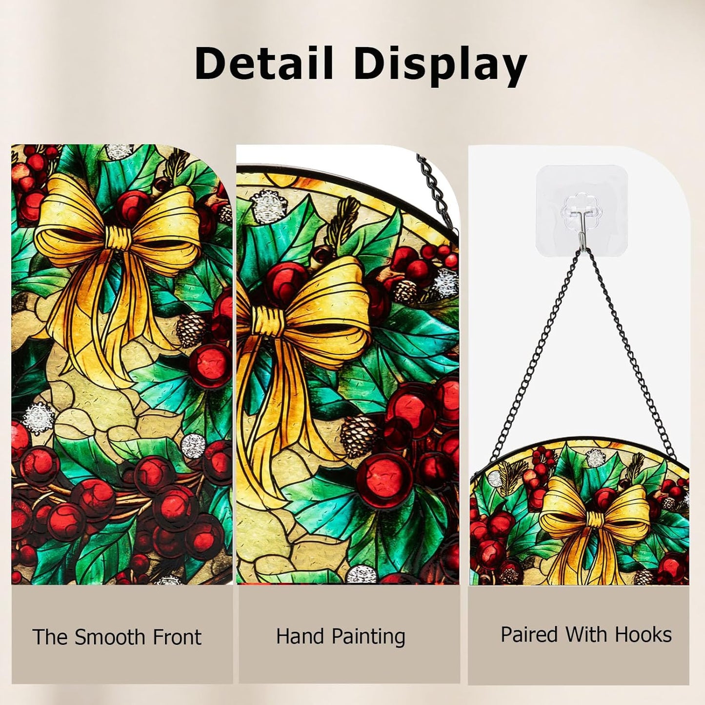 Stained Glass Window Hanging, Christmas Festive Holly and Red Berries Suncatcher for Doors Home Sun Catchers Decoration and Christmas, Mother's Day Birthday Gifts for Women, Men, and Mom (8 Inch)