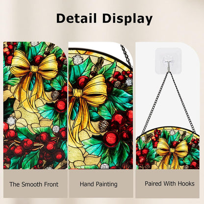 Stained Glass Window Hanging, Christmas Festive Holly and Red Berries Suncatcher for Doors Home Sun Catchers Decoration and Christmas, Mother's Day Birthday Gifts for Women, Men, and Mom (8 Inch)