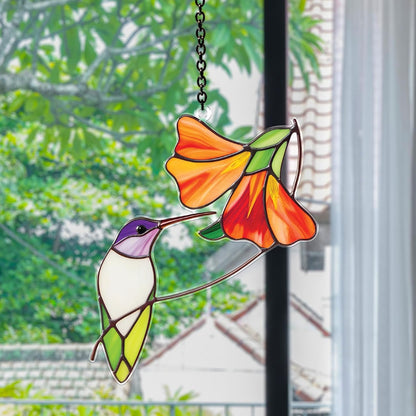 Hummingbird Hibiscus Acrylic Suncatchers, Bird and Flower Sun Catcher Indoor Window Hanging, Handmade Floral Art Decor, Birthday Gift for Mom Nature Lovers Bird Lovers Women Friend