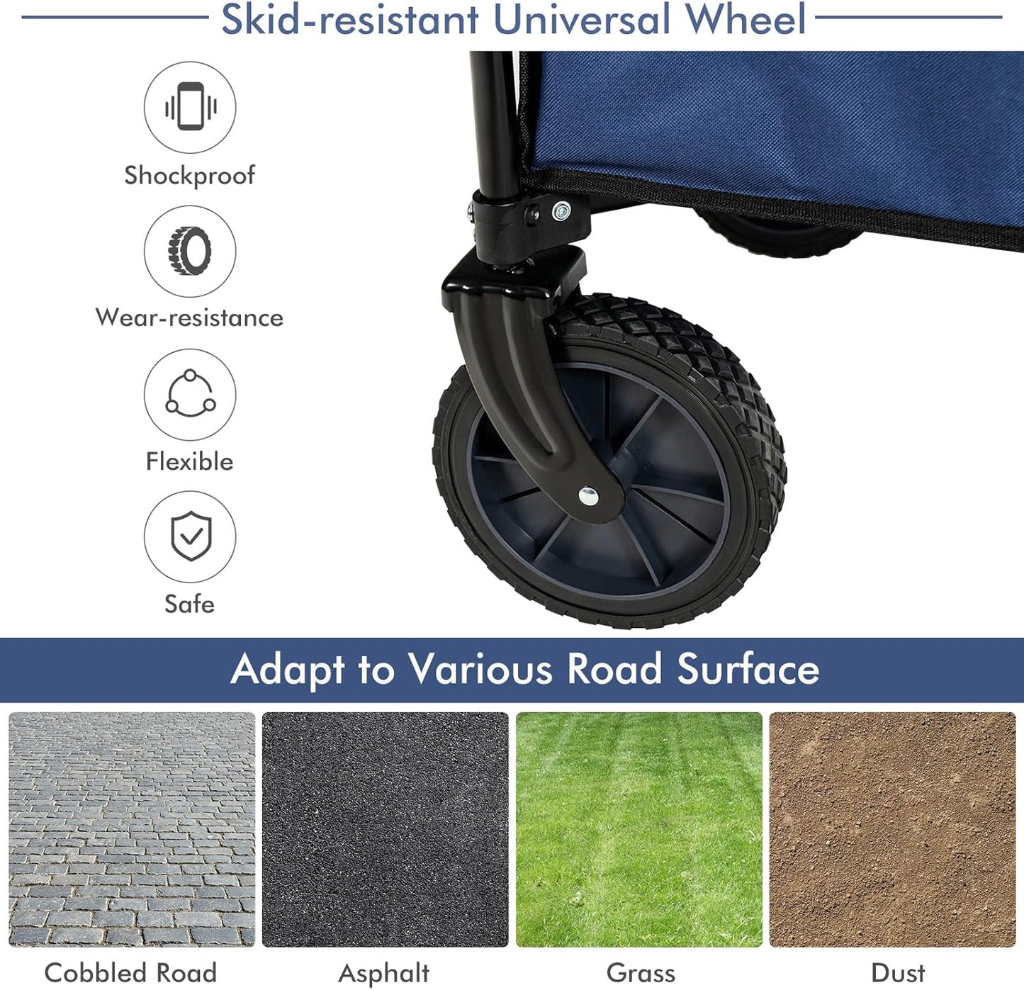 Goplus Collapsible Wagon, Folding Utility Wagon Cart w/Universal Wheels & Adjustable Handle & Cover Bag, Grocery Wagon for Garden Shopping Camping (Navy)