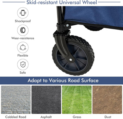 Goplus Collapsible Wagon, Folding Utility Wagon Cart w/Universal Wheels & Adjustable Handle & Cover Bag, Grocery Wagon for Garden Shopping Camping (Navy)