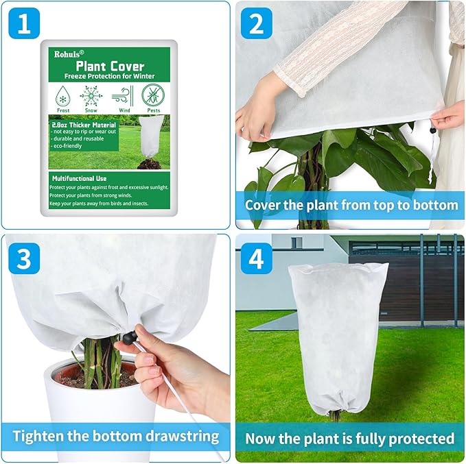 Rohuis Plant Covers Freeze Protection, 2 Packs 32 x 40 inch 2.8oz/yd² Frost Cloth Blankets for Outdoor Plants Tree, Winter Shrub Protector Bags Jackets with Drawstring for Tree Potted Frost Protection