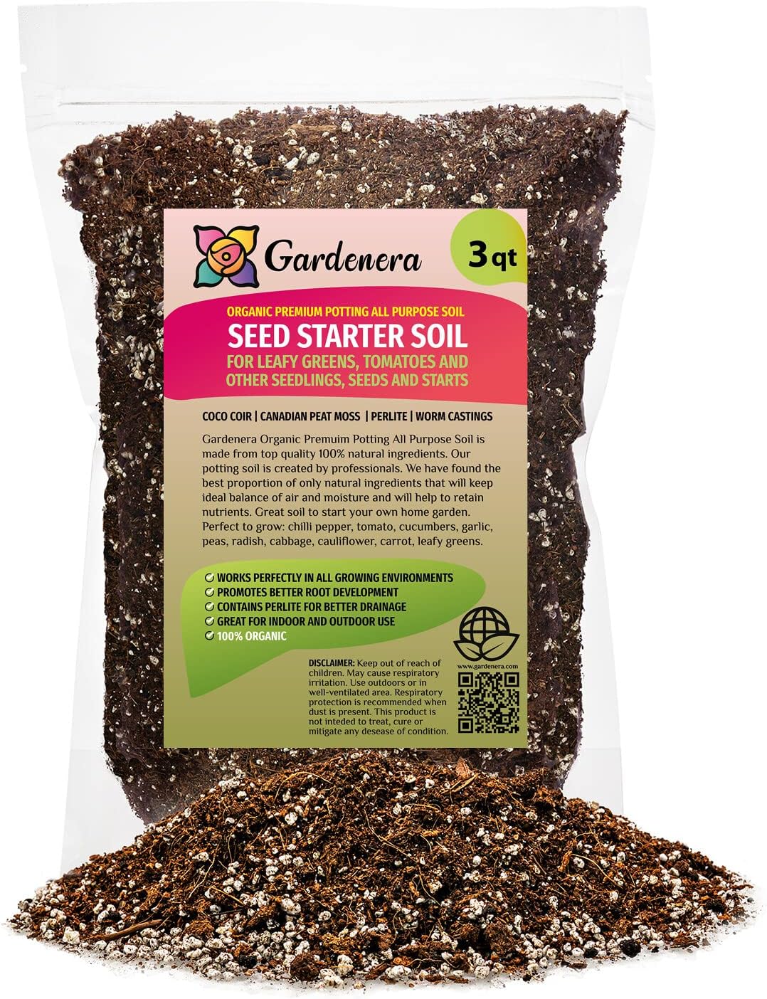 Premium Organic Seed Starter Soil - 3 Quart - All-Purpose Organic Potting Soil for Happy Seedlings and Plants by Gardenera