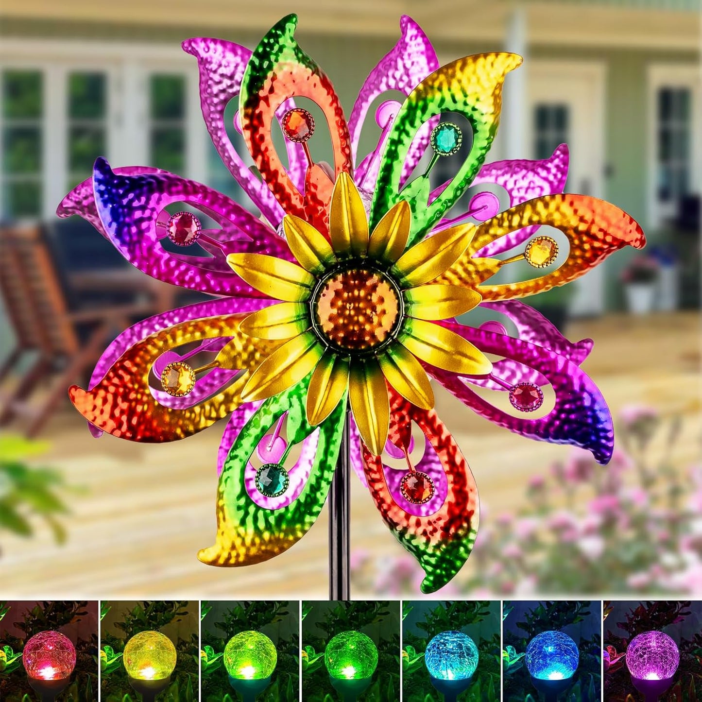 360°Solar Wind Spinner with Lights Sunflower Garden Outdoor Decor Yard Lawn Art Decor for Patio Kinetic Windmills Unique Gifts for Friends and Family 60.63'' H x 13.38'' Dia