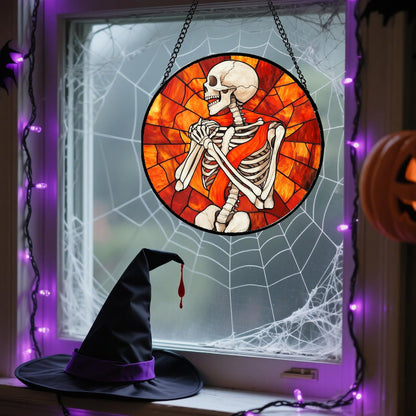 Stained Glass Window Hanging - Halloween Decorations Fear Skeleton Suncatcher for Doors Garden Indoor Spooky Funny Sun Catchers Gothic Decor Horror Gifts for Women Men Friend 9.8 in