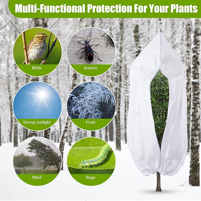 4 Pack Winter Plant Covers Freeze Protection, Frost Covers with Zipper Drawstring, Warm Plant Protection Cover Bags, Outdoor Winter Frost Cold Weather Shrubs Trees Jacket Covers (31.5" x 47.3",White)