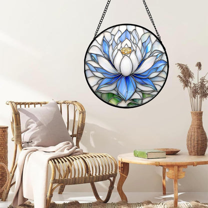 Stained Glass Window Hanging - Blue and White Lotus Petal Suncatcher for Doors Window Home Sun Catchers Decor Christmas Mother's Day July Birthday Gifts for Teacher Women Men Mom Nana 7.8 in