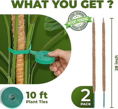 2 Pack 28 Inch Bendable Moss Pole Monstera Plant Support Stakes for Indoor Plants - Tall Moss Stick Trellis for Potted Climbers - Stem Support Accessories for Climbing Houseplants