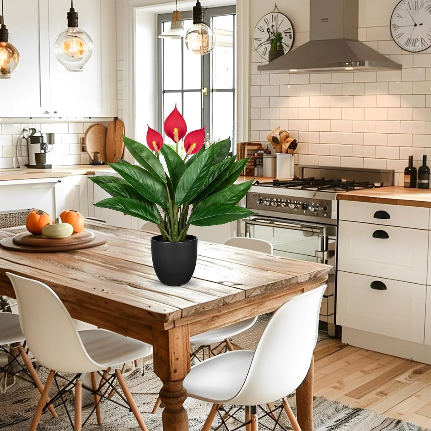 20'' Realistic Red Anthurium Artificial Potted Plant, Fake Flowers for Home Office Farmhouse Kitchen Bathroom Table Shelf Decor