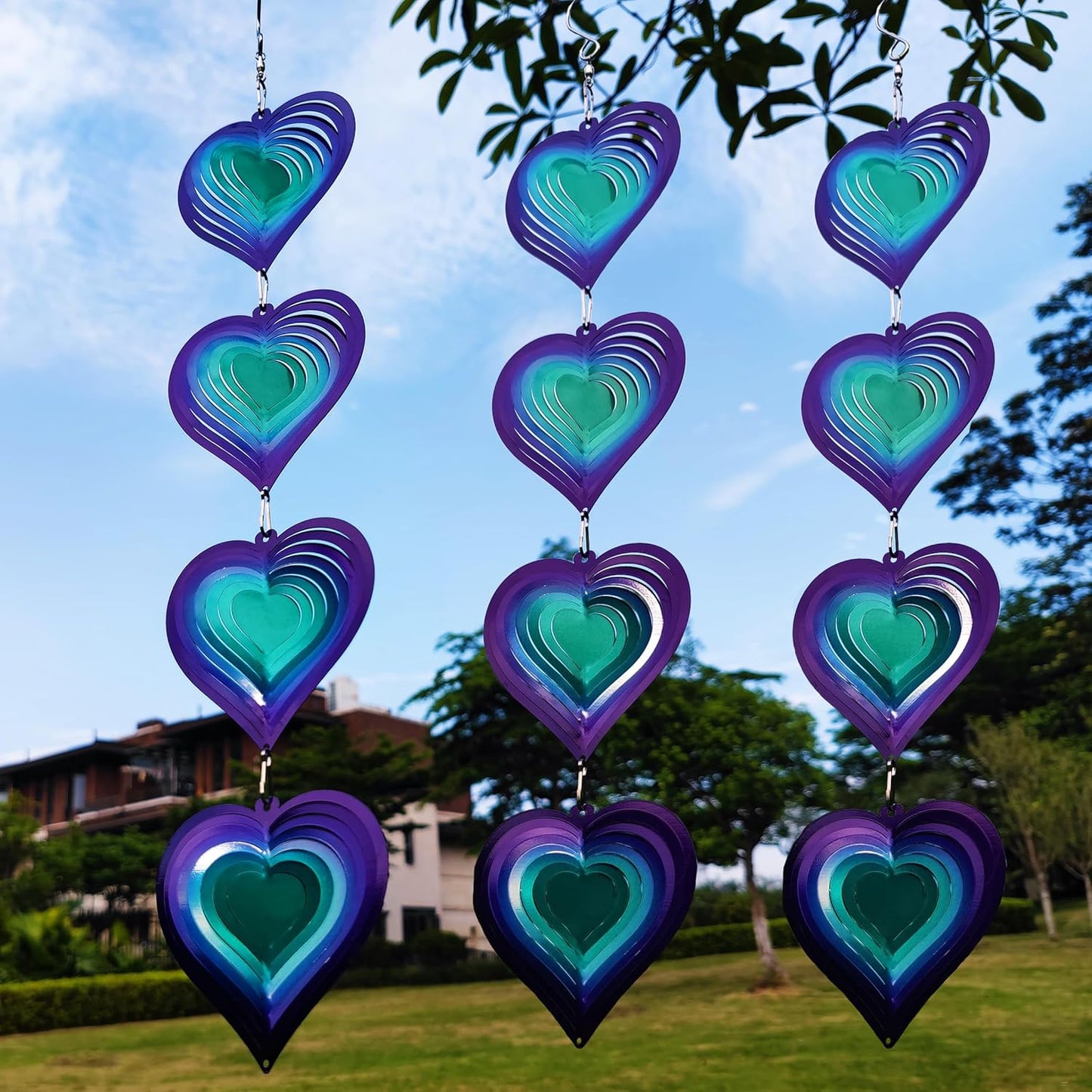 DJUAN Wind Spinners Outdoor Garden Decor,Purple-Green Heart Yard Lawn Ornaments Metal Wind Spinner with 360 Degree Swivel Hook, Christmas,Luau Party,Tropical Party Decorations,Gifts for Mom,Women