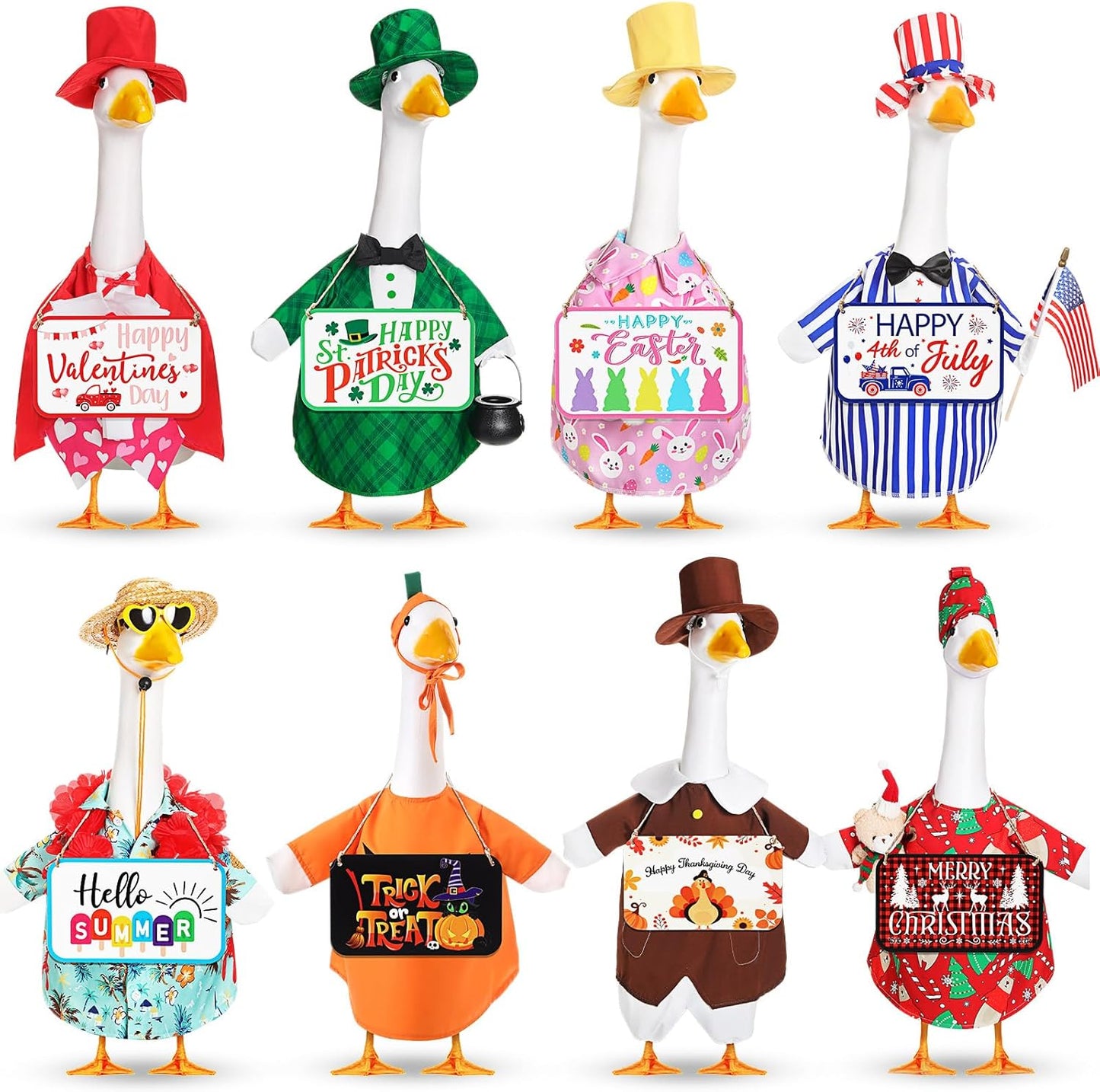 8 Set Seasonal Holiday Goose Outfits Hanging Signs Fall Halloween Christmas Porch Statue Outfits All Seasons Holiday 23" Goose Clothes Patio Lawn Outdoor Decors(Cool Style)