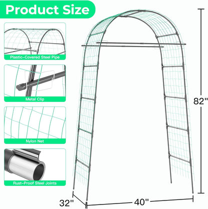 Garden Arch Trellis for Climbing Plants, 82 Inch Tall Grape Trellies for Outdoor,Flower Vegetable Tomato Cucumber Trellis with Clamp Netting, Metal Vine Plants Support for Wedding Garden Decoration