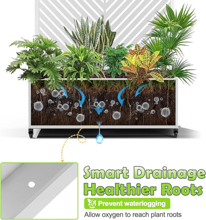 15.7"×70.9"×35.4" Metal Raised Garden Bed with Trellis and Wheels - Tall Trellis Planter Box for Climbing Plants, Vegetables & Vines - Outdoor Privacy Planters for Patio (White-Parallel)