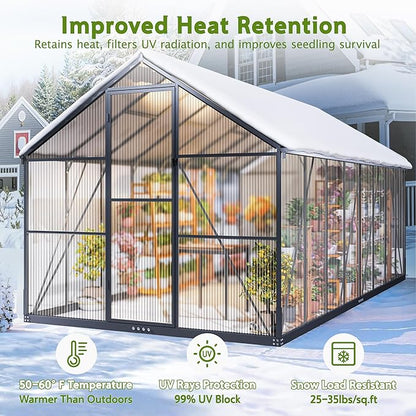 Wanan 16x8FT Greenhouses for Outdoors, Quick Assembly Polycarbonate Green House with UV Protection, Heavy Duty Windproof Aluminum Frame, Adjustable Roof Vent for Backyard or Outdoor Garden Use