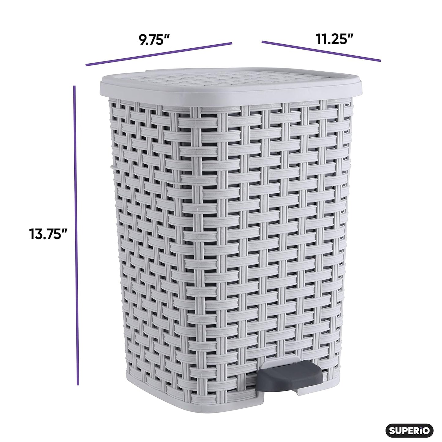Superio Small Outdoor Trash Can with Lid for Dog Poop 3 Gallon/12 L Mini Plastic Garbage Can with Foot Pedal for Bathroom, Bedroom, Office, Patio, Wicker Smoke